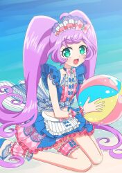 Rule 34 | 1girl, :d, ahoge, ankle cuffs, apron, ball, beachball, blue bow, blue skirt, bow, center frills, commentary request, crop top, day, frilled skirt, frills, full body, green eyes, hair bow, holding, holding ball, holding beachball, long hair, looking at viewer, maid headdress, manaka laala, ocean, open mouth, outdoors, pink bow, pretty series, pripara, purple hair, sandals, sitting, skirt, smile, solo, summer maid coord, thigh strap, twintails, very long hair, waist apron, wariza, water, wet, white apron, yu (prpyuu)
