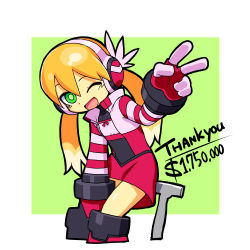 Rule 34 | 1girl, alternate hairstyle, blonde hair, boots, call (mighty no. 9), call h, english text, fingerless gloves, flat chest, gloves, green eyes, hair ribbon, headphones, highres, knee boots, kou (makoto yabe), long hair, mighty no. 9, official art, one eye closed, open mouth, ribbon, smile, solo, striped, striped sleeves, thank you, twintails, v, very long hair, wink