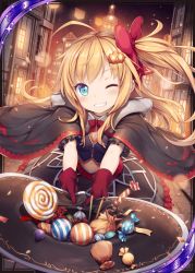 Rule 34 | 1girl, age regression, akkijin, alchemist (shinkai no valkyrie), blonde hair, blue eyes, candy, card (medium), food, gloves, hair ornament, hair ribbon, halloween, halloween costume, hat, night, night sky, one eye closed, pumpkin, red gloves, red ribbon, ribbon, shinkai no valkyrie, sky, solo, star (sky), starry sky, village, witch, witch hat, aged down