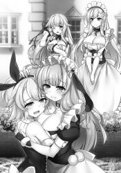 Rule 34 | 4girls, azur lane, belfast (azur lane), black gloves, blush, braid, breasts, cleavage, closed mouth, collarbone, crying, elbow gloves, fingerless gloves, glorious (azur lane), gloves, greyscale, hairband, highres, hug, kent (azur lane), large breasts, long hair, looking at another, monochrome, multiple girls, novel illustration, official art, one eye closed, open mouth, outdoors, puffy short sleeves, puffy sleeves, raiou, short hair, short sleeves, smile, suffolk (azur lane)