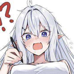 Rule 34 | 1girl, ?, ahoge, artist self-insert, close-up, commentary, crying, embarrassed, english commentary, eyes visible through hair, fang, flying sweatdrops, grey hair, hair between eyes, hair intakes, hair ornament, hairclip, hand up, highres, holding, holding stylus, long hair, looking at viewer, open mouth, original, pointy ears, portrait, purple eyes, simple background, sketch, skin fang, solo, split mouth, stylus, tearing up, touko (toko12 tooko), white background