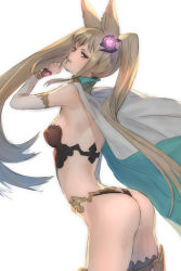 Rule 34 | 10s, 1girl, animal ears, ass, back, blush, breasts, brown eyes, detached sleeves, granblue fantasy, long hair, looking at viewer, metera (granblue fantasy), nail polish, natsuhiko, red nails, simple background, smile, solo, twintails, very long hair, white background