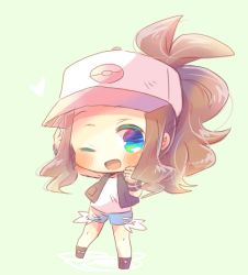 Rule 34 | 1girl, ;d, arm up, baseball cap, black footwear, black vest, blue eyes, blue shorts, blush, brown hair, chibi, creatures (company), denim, denim shorts, exposed pocket, full body, game freak, green background, hand up, hat, heart, high ponytail, hilda (pokemon), kou hiyoyo, long hair, looking at viewer, nintendo, one eye closed, open clothes, open mouth, open vest, pokemon, pokemon bw, ponytail, shirt, short shorts, shorts, smile, solo, standing, standing on one leg, vest, white hat, white shirt