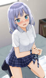 Rule 34 | absurdres, bed, bed sheet, blouse, blue eyes, blue hair, blue necktie, blue skirt, blue socks, blush, book, bookshelf, bound, bound wrists, breasts, cellphone, checkered clothes, checkered skirt, commentary request, cpk prd, day, eyelashes, hair ornament, hairclip, highres, idolmaster, idolmaster million live!, idolmaster million live! theater days, indoors, kneeling, light blue hair, long hair, looking at viewer, necktie, no shoes, on bed, open collar, open mouth, phone, shade, shiraishi tsumugi, shirt, short sleeves, skirt, small breasts, smartphone, socks, solo, summer uniform, summer uniform series (idolmaster), thighs, wavy mouth, white shirt, window, wing collar