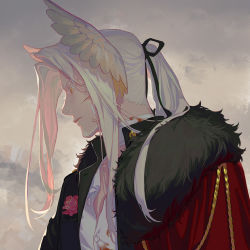 Rule 34 | 1boy, absurdres, alternate costume, arknights, bandaged neck, bandages, beard, black ribbon, blood, blood on clothes, cloud, cloudy sky, coat, facial hair, feather hair, flower, fur-trimmed coat, fur trim, hair ribbon, head wings, hellagur (arknights), highres, long hair, looking away, looking down, misaq, open clothes, open coat, outdoors, partially unbuttoned, ponytail, red coat, red flower, red rose, ribbon, rose, scar, scar on face, shirt, silver hair, sky, solo, upper body, white shirt, wings, yellow eyes