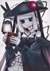 Rule 34 | 1girl, absurdres, bare shoulders, black dress, black eyes, breasts, character doll, cup, dress, fate/grand order, fate (series), food, ghost hands, grey hair, hat, highres, jingasa, komahime (fate), lantern, long sleeves, looking at viewer, marshmallow, noa pisces, sen no rikyu (fate), short hair, small breasts, solo, wide sleeves