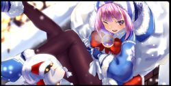 Rule 34 | 1girl, ;d, bag, black pantyhose, blue coat, blue gloves, blurry, blurry background, blurry foreground, blush, coat, fate/grand order, fate (series), fur-trimmed coat, fur trim, gift bag, gloves, helena blavatsky (christmas) (fate), helena blavatsky (fate), holding, holding bag, long sleeves, looking at viewer, medium hair, one eye closed, open mouth, pantyhose, pink hair, purple eyes, sitting, smile, snowflakes, solo, tsuuhan, white bag