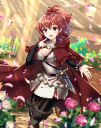 Rule 34 | 1girl, :d, anna (fire emblem), blurry, boots, breasts, chest harness, cleavage, commission, dagger, dappled sunlight, depth of field, detached sleeves, dress, finger to face, fire emblem, fire emblem fates, flower, harness, highres, kakiko210, knife, leather strap, leggings, long hair, nintendo, open mouth, ponytail, red eyes, red hair, skeb commission, smile, solo, sunlight, thigh boots, weapon