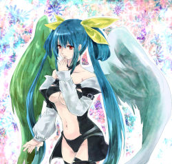 Rule 34 | 1girl, arc system works, asymmetrical wings, bad id, bad pixiv id, blue hair, bow, breasts, dizzy (guilty gear), guilty gear, hair bow, large breasts, long hair, midriff, navel, outlaw, red eyes, solo, tail, thighhighs, unabara misumi, underboob, wings