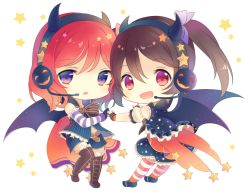 10s 2girls black_hair blush boots chibi gloves halloween happy headphones hitsu horns love_live! love_live!_school_idol_festival love_live!_school_idol_project microphone multiple_girls nishikino_maki purple_eyes red_eyes red_hair ribbon shorts skirt thighhighs twintails wings yazawa_nico