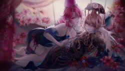 Rule 34 | 2girls, arm support, bare legs, barefoot, breasts, candy, chain, chinese clothes, chinese commentary, cleavage, commentary request, eyelashes, fingernails, flower, food, frilled sleeves, frills, fur trim, hecatia lapislazuli, highres, junko (touhou), large breasts, lily (flower), lips, lollipop, long hair, long sleeves, looking at viewer, multiple girls, open mouth, orange hair, phoenix crown, red eyes, red hair, side slit, sideboob, sidelocks, smile, spider lily, tabard, tassel, touhou, waterfung, wide sleeves