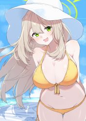 Rule 34 | 1girl, :d, absurdres, arms behind back, bikini, blue archive, blue sky, cloud, day, eau, green eyes, halo, halterneck, hat, highres, long hair, looking at viewer, navel, nonomi (blue archive), nonomi (swimsuit) (blue archive), ocean, open mouth, outdoors, side-tie bikini bottom, sky, smile, solo, string bikini, swimsuit, take mawile, white hat, yellow bikini