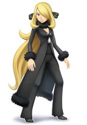 Rule 34 | 1girl, absurdres, black coat, black pants, black shirt, blonde hair, closed mouth, coat, commentary, creatures (company), cynthia (pokemon), english commentary, full body, fur-trimmed coat, fur-trimmed jacket, fur-trimmed sleeves, fur collar, fur trim, game freak, grey eyes, hair ornament, hair over one eye, highres, jacket, long hair, nintendo, official art, pants, pokemon, pokemon bdsp, shirt, simple background, solo, very long hair, white background