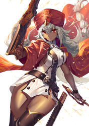Rule 34 | 1girl, ahoge, bare shoulders, boots, braid, breasts, commentary request, cowboy shot, dark-skinned female, dark skin, dual wielding, expressionless, fate/grand order, fate (series), floating hair, gloves, gun, hair between eyes, heirou, holding, holding gun, holding sword, holding weapon, lakshmibai (fate), light particles, long hair, looking at viewer, red eyes, red headwear, sidelocks, sleeveless, solo, sword, thigh boots, thighhighs, turban, twin braids, very long hair, weapon, white gloves, white hair, wind, wind lift