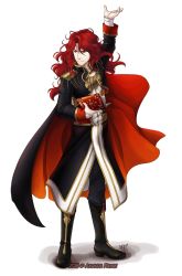 Rule 34 | 1boy, arm up, arvis (fire emblem), ayzewi, black footwear, black jacket, black pants, book, boots, cape, commentary, english commentary, epaulettes, fire emblem, fire emblem: genealogy of the holy war, full body, hair between eyes, holding, holding book, jacket, long hair, long sleeves, male focus, nintendo, pants, red eyes, red hair, smile, solo, standing, transparent background, valflame