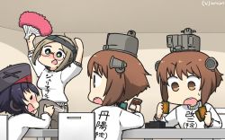 Rule 34 | +++, 4girls, = =, abyssal ship, alternate costume, asymmetrical hair, black hair, brown eyes, brown hair, card, closed eyes, clothes writing, commentary request, cowboy shot, dated, drunk, dual persona, enemy lifebuoy (kancolle), eyes visible through hair, folded ponytail, folding fan, green eyes, hamu koutarou, hand fan, hat, headband, headgear, headset, highres, holding, holding fan, i-14 (kancolle), kantai collection, katori (kancolle), magic: the gathering, multiple girls, one-hour drawing challenge, open mouth, parted bangs, playing games, short hair, speaking tube headset, spot the differences, sweater, teeth, upper body, upper teeth only, white sweater, yukikaze (kancolle)