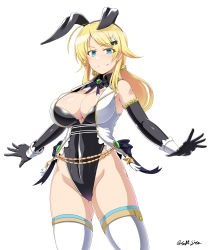Rule 34 | 1girl, ahoge, animal ears, blonde hair, blue eyes, breasts, commentary request, detached collar, fake animal ears, hachimiya meguru, hair ornament, hairclip, highres, idolmaster, idolmaster shiny colors, large breasts, leotard, long hair, looking at viewer, low twintails, playboy bunny, rabbit ears, saizu nitou gunsou, smile, solo, thighhighs, twintails, white background