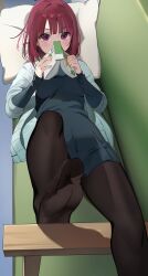 Rule 34 | 1girl, absurdres, arima kana, black pantyhose, blue cardigan, blue dress, blunt bangs, blush, book, cardigan, commentary, couch, dress, feet, feet out of frame, highres, holding, holding book, looking at viewer, no shoes, on couch, open cardigan, open clothes, oshi no ko, pantyhose, pillow, red eyes, red hair, short hair, solo, toes, vulpes