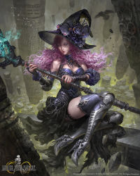 Rule 34 | 10s, 1girl, 2015, armor, bird, black footwear, black hat, black thighhighs, blue eyes, bracer, column, copyright name, flower, greaves, hat, hat flower, hat ornament, high heels, holding, holding staff, livia prima, long hair, looking at viewer, mobius final fantasy, official art, pillar, purple hair, shoes, solo, staff, thighhighs, watermark, wavy hair, witch hat