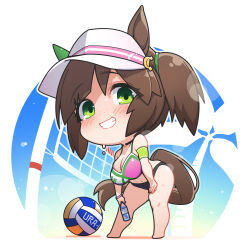 Rule 34 | 1girl, adapted costume, animal ears, armband, ball, baseball cap, bikini, bottle, breasts, chibi, choker, cleavage, ear covers, full body, green eyes, grin, hat, highres, holding, holding bottle, horse ears, horse girl, horse tail, ines fujin (umamusume), large breasts, looking at viewer, multicolored bikini, multicolored clothes, short hair, side ponytail, single ear cover, smile, solo, swimsuit, tail, teeth, umamusume, volleyball, volleyball (object), volleyball net, warashi, white hat