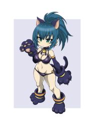 Rule 34 | 1girl, animal costume, animal ears, animal hands, bell, bikini, black bikini, blue eyes, blue hair, breasts, cat costume, cat ears, cat paws, cat tail, chibi, cleavage, earrings, full body, highres, jewelry, jingle bell, kanosamu, leona heidern, medium breasts, o-ring, o-ring bikini, ponytail, simple background, snk heroines: tag team frenzy, solo, swimsuit, tail, the king of fighters