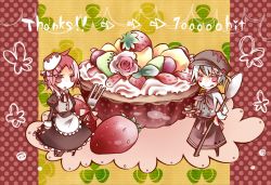 Rule 34 | 2girls, :q, alternate costume, apron, black dress, blue hair, brown headwear, cake, closed mouth, commentary request, cup, demon wings, dress, food, fork, frilled dress, frills, fruit, full body, grey vest, gypsy (ragnarok online), head wings, high priest (ragnarok online), holding, holding plate, juliet sleeves, long sleeves, looking at viewer, medium hair, milestone celebration, multiple girls, necktie, obi, open mouth, oversized clothes, pekeko (pepekekeko), pink eyes, pink hair, pink necktie, plate, puffy sleeves, ragnarok online, sash, short hair, smile, spoon, strawberry, teacup, tongue, tongue out, vest, waist apron, waiter, white apron, white headwear, wings