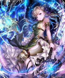 1girl bare_shoulders blonde_hair blue_eyes bracelet braid breasts closed_mouth commentary_request company_name dress dual_wielding feet_out_of_frame from_below gold_bracelet green_dress hair_ribbon halter_dress halterneck head_tilt highres holding holding_staff irua jewelry large_breasts looking_at_viewer magic official_art pouch purple_ribbon ribbon riley_(shadowverse) shadowverse shingeki_no_bahamut side_slit sideboob sleeveless staff standing two-tone_dress white_dress