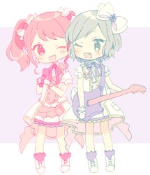 Rule 34 | 2girls, ;d, bang dream!, blue neckwear, boots, bow, braid, buttons, double-breasted, earrings, electric guitar, fang, gloves, guitar, hair bow, hikawa hina, holding, holding instrument, holding microphone, instrument, jewelry, maruyama aya, microphone, multiple girls, neck ribbon, one eye closed, open mouth, overskirt, pale color, pink neckwear, purple background, ribbon, short hair, side braids, skirt, smile, twintails, white bow, yae (eky 567)