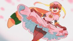 Rule 34 | 1girl, 3suisousui, blonde hair, blurry, blurry background, clothes lift, cowboy shot, dress, dress lift, green eyes, highres, long hair, mega man (series), mega man battle network (series), pink dress, pink helmet, pink thighhighs, roll.exe (mega man), smile, solo, teeth, thighhighs, upper teeth only