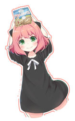 Rule 34 | &gt;:), + +, 1girl, anya (spy x family), arms up, bag, black dress, bow, child, closed mouth, collarbone, commentary request, cropped legs, dress, green eyes, highres, holding, holding bag, looking at viewer, outline, pink hair, pink outline, shirasu youichi, short sleeves, smile, solo, spy x family, translated, v-shaped eyebrows, white bow, white outline, wide sleeves