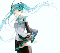 Rule 34 | 1girl, absurdres, ahoge, aqua eyes, aqua hair, arms behind back, bare shoulders, black skirt, black thighhighs, blush, breasts, closed mouth, collared shirt, commentary request, cowboy shot, detached sleeves, floating hair, floating neckwear, hair ornament, hatsune miku, highres, long hair, long sleeves, looking at viewer, medium breasts, mohaka (m 0haka), necktie, pleated skirt, shirt, skirt, sleeveless, sleeveless shirt, solo, thighhighs, tie clip, twintails, upskirt, very long hair, vocaloid
