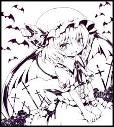Rule 34 | 1girl, :d, ascot, bat (animal), bat wings, black border, border, cross, fang, flower, greyscale, hat, hat ribbon, looking at viewer, mob cap, monochrome, open mouth, remilia scarlet, ribbon, rizento, rose, short hair, short sleeves, skirt, smile, solo, touhou, wings