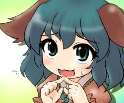 Rule 34 | 1girl, :3, :d, [], animal ears, blush, eyebrows, female focus, fidgeting, fingers together, flying sweatdrops, green eyes, green hair, index fingers together, kasodani kyouko, matching hair/eyes, no nose, open mouth, short hair, smile, solo, sweatdrop, touhou, upper body