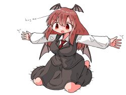 Rule 34 | 1girl, barefoot, bat wings, black skirt, black vest, blush, collared vest, embodiment of scarlet devil, english text, kasuya baian, kneeling, koakuma, long hair, long sleeves, motion lines, open mouth, outstretched arms, red eyes, red hair, red tie, simple background, skirt, solo, spread arms, touhou, vest, white background, wings