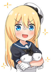 Rule 34 | 1girl, alternate breast size, anger vein, blonde hair, blue eyes, blush, breast envy, breast hold, breast padding, breasts, breasts squeezed together, comiching, dress, gloves, hat, historical name connection, jervis (kancolle), kantai collection, looking at viewer, name connection, sailor collar, sailor dress, sailor hat, solo, sparkle, white background, white gloves