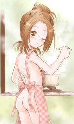 Rule 34 | 00s, 845, apron, ass, brown eyes, brown hair, cooking, hair ornament, hairclip, looking back, naked apron, rozen maiden, saitou (rozen maiden), wink