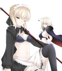 Rule 34 | &gt;:(, &gt;;(, 2girls, apron, artoria pendragon (all), artoria pendragon (alter swimsuit rider) (fate), artoria pendragon (alter swimsuit rider) (second ascension) (fate), artoria pendragon (fate), bikini, black bikini, black legwear, blonde hair, blush, breasts, cleavage, closed mouth, fate/grand order, fate (series), frown, fur trim, hair ribbon, highres, jacket, jeanne d&#039;arc (fate), jeanne d&#039;arc (ruler) (fate), jeanne d&#039;arc alter (fate), jeanne d&#039;arc alter (ver. shinjuku 1999) (fate), koro (tyunnkoro0902), long sleeves, looking at viewer, maid, maid bikini, maid headdress, medium breasts, mop, multiple girls, navel, official alternate costume, open clothes, open jacket, pale skin, ribbon, saber alter, short hair, swimsuit, thighhighs, unconventional maid, v-shaped eyebrows, waist apron, yellow eyes