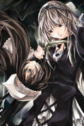 Rule 34 | 00s, 2girls, brown hair, eye contact, floating hair, green eyes, hair over one eye, hairband, heterochromia, knife, long hair, looking at another, looking down, looking up, multiple girls, open mouth, raid slash, red eyes, reverse grip, rotational symmetry, rozen maiden, sad, silver hair, suigintou, suiseiseki, upside-down, very long hair, weapon