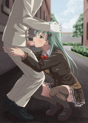 Rule 34 | 1boy, 1girl, absurdres, ascot, black footwear, bow, bowtie, breasts, brown cardigan, brown jacket, brown skirt, brown thighhighs, cardigan, censored, fellatio, frilled skirt, frills, hair ornament, hairclip, hands on another&#039;s head, hetero, highres, jacket, kantai collection, loafers, long hair, long sleeves, medium breasts, miniskirt, miracan, mosaic censoring, open cardigan, open clothes, oral, outdoors, penis, pleated skirt, red bow, red bowtie, school uniform, shoes, skirt, squatting, suzuya (kancolle), suzuya kai ni (kancolle), thighhighs