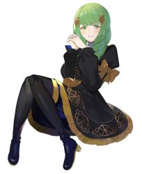 Rule 34 | 1girl, boots, bow, female focus, fire emblem, fire emblem: three houses, flayn (fire emblem), full body, garreg mach monastery uniform, green eyes, green hair, hair ornament, own hands clasped, high heel boots, high heels, highres, knee boots, kyufe, long hair, long sleeves, matching hair/eyes, nintendo, own hands together, simple background, solo, uniform, white background