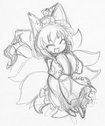 Rule 34 | 1girl, ^ ^, animal ears, closed eyes, closed eyes, fox ears, fox tail, graphite (medium), greyscale, happy, monochrome, multiple tails, sketch, solo, spacezin, tail, touhou, traditional media, yakumo ran, aged down