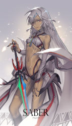 Rule 34 | 1girl, altera (fate), bare shoulders, black nails, breasts, dark skin, dark-skinned female, detached sleeves, fate/grand order, fate (series), looking at viewer, midriff, nail polish, navel, photon ray (fate), red eyes, ritsuki, short hair, small breasts, solo, sword, veil, weapon, white hair