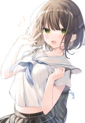 Rule 34 | 1girl, :d, backpack, bag, bag charm, blue neckerchief, breasts, brown hair, charm (object), commentary request, green eyes, grey skirt, hands up, highres, holding strap, looking at viewer, mafuyu (chibi21), midriff peek, neckerchief, open mouth, original, plaid, plaid skirt, pleated skirt, sailor collar, school uniform, serafuku, shirt, short hair, short sleeves, simple background, skirt, small breasts, smile, solo, twitter username, white background, white sailor collar, white shirt