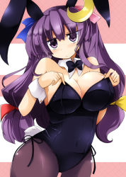 Rule 34 | 1girl, animal ears, breasts, rabbit ears, rabbit tail, playboy bunny, cleavage, crescent, crescent hair ornament, female focus, hair ornament, huge breasts, long hair, pantyhose, patchouli knowledge, purple eyes, purple hair, shirogane (platinum), solo, tail, touhou