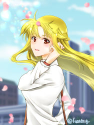 Rule 34 | 1girl, bag, blonde hair, carrying, day, fate testarossa, hand in own hair, handbag, highres, leonis g, long hair, long sleeves, looking at viewer, lyrical nanoha, open mouth, outdoors, petals, red eyes, shirt, smile, solo, standing, twitter username, watch, white shirt, wind, wristwatch