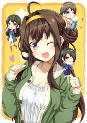 Rule 34 | 10s, 4girls, ;d, ahoge, alternate costume, black hair, blush, breasts, brown hair, casual, cleavage, glasses, hair intakes, hairband, haruna (kancolle), heart, hiei (kancolle), kantai collection, kirishima (kancolle), kongou (kancolle), kouji (campus life), long hair, looking at viewer, multicolored hair, multiple girls, one eye closed, open mouth, personification, purple eyes, short hair, smile, star (symbol), two-tone hair, wink, yellow background