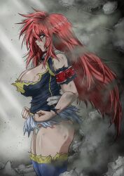 1girl absurdres angry bra breasts cleavage debris highres kurokami_medaka large_breasts long_hair medaka_box panties red_eyes red_hair shirt skirt smoke standing thick_thighs thighhighs thighs torn_clothes underwear