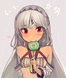 Rule 34 | 10s, 1girl, altera (fate), bare shoulders, blush, candy, commentary request, crop top, dark-skinned female, dark skin, detached sleeves, fate/extella, fate/extra, fate/grand order, fate (series), food, food in mouth, forehead jewel, hairband, heart, holding, holding food, lollipop, long hair, looking at viewer, red eyes, smile, solo, tan background, translation request, upper body, veil, walzrj, white hair