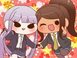 2girls asahina_aoi belt belt_buckle black_belt black_eyes black_jacket blazer blue_shorts blunt_bangs blunt_ends breasts brown_hair buckle buttons chibi collared_jacket collared_shirt commentary_request cowboy_shot danganronpa_(series) danganronpa_3_(anime) dark-skinned_female dark_skin denim denim_shorts dress_shirt eyelashes floral_background gloves grey_pantyhose hair_ribbon hand_on_own_cheek hand_on_own_face happy holding_hands holster jacket kirigiri_kyoko lapel_pin lapels large_breasts layered_sleeves leg_up light_blush long_hair long_sleeves looking_at_viewer low_ponytail miniskirt multiple_girls neckerchief notched_lapels one_eye_closed open_clothes open_jacket orange_background pale_skin pantyhose pencil_skirt pocket ponytail purple_belt purple_gloves purple_hair purple_jacket purple_ribbon purple_skirt ribbon shirt shoes shorts sidelocks skirt smile solid_circle_eyes sparkle star_(symbol) studded_gloves thigh_belt thigh_strap triangle_mouth v v-shaped_eyebrows white_footwear white_shirt yellow_neckerchief yumaru_(marumarumaru)