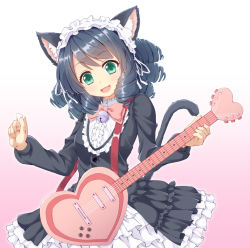 Rule 34 | 10s, 1girl, animal ears, bell, black hair, blush, cat ears, cat tail, commentary, curly hair, cyan (show by rock!!), gothic lolita, gradient background, green eyes, guitar, instrument, lolita fashion, long sleeves, looking down, maid headdress, open mouth, show by rock!!, smile, solo, tail, yuukyan (ucan85)
